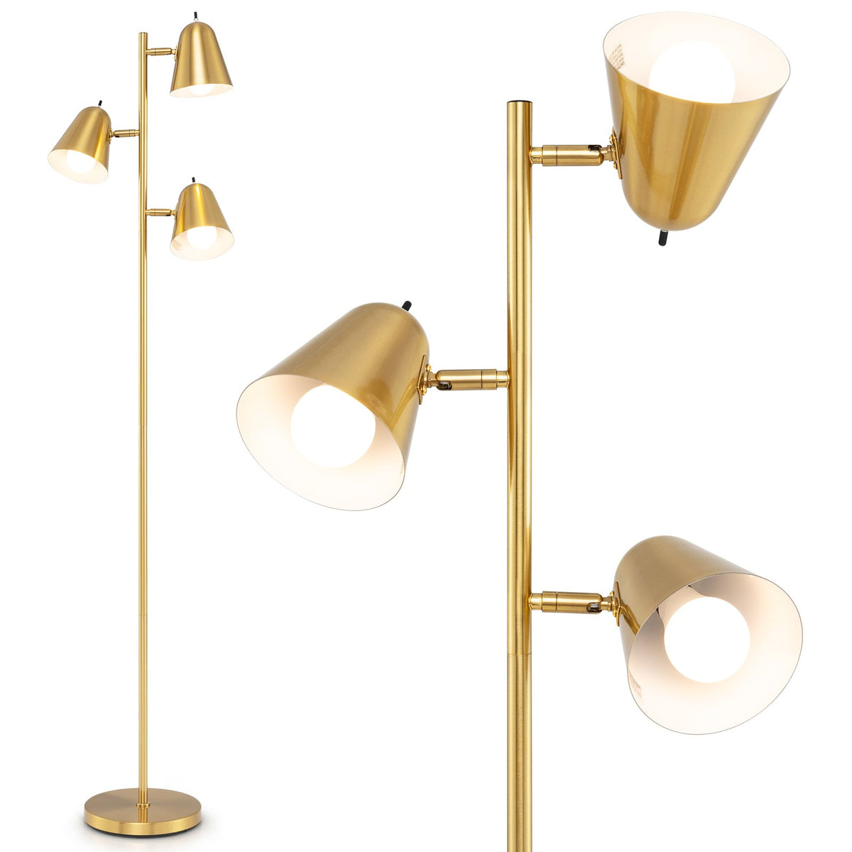 64 Inch 3-Light LED Floor Lamp Reading Light for Living Room Bedroom-Golden view 4