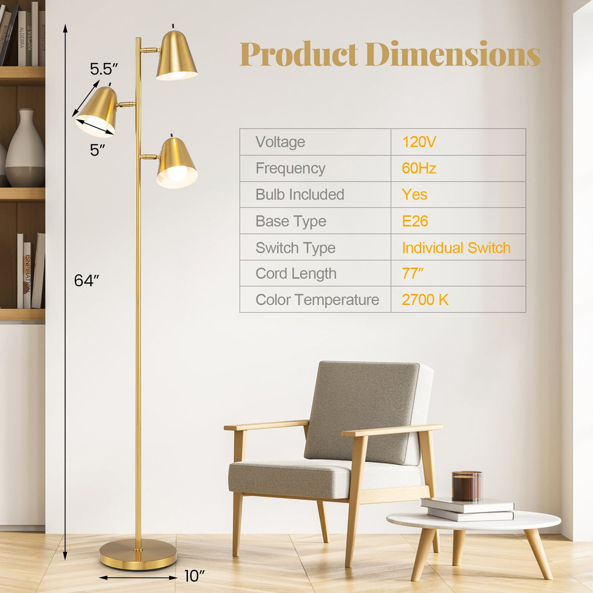 64 Inch 3-Light LED Floor Lamp Reading Light for Living Room Bedroom-Golden view 5