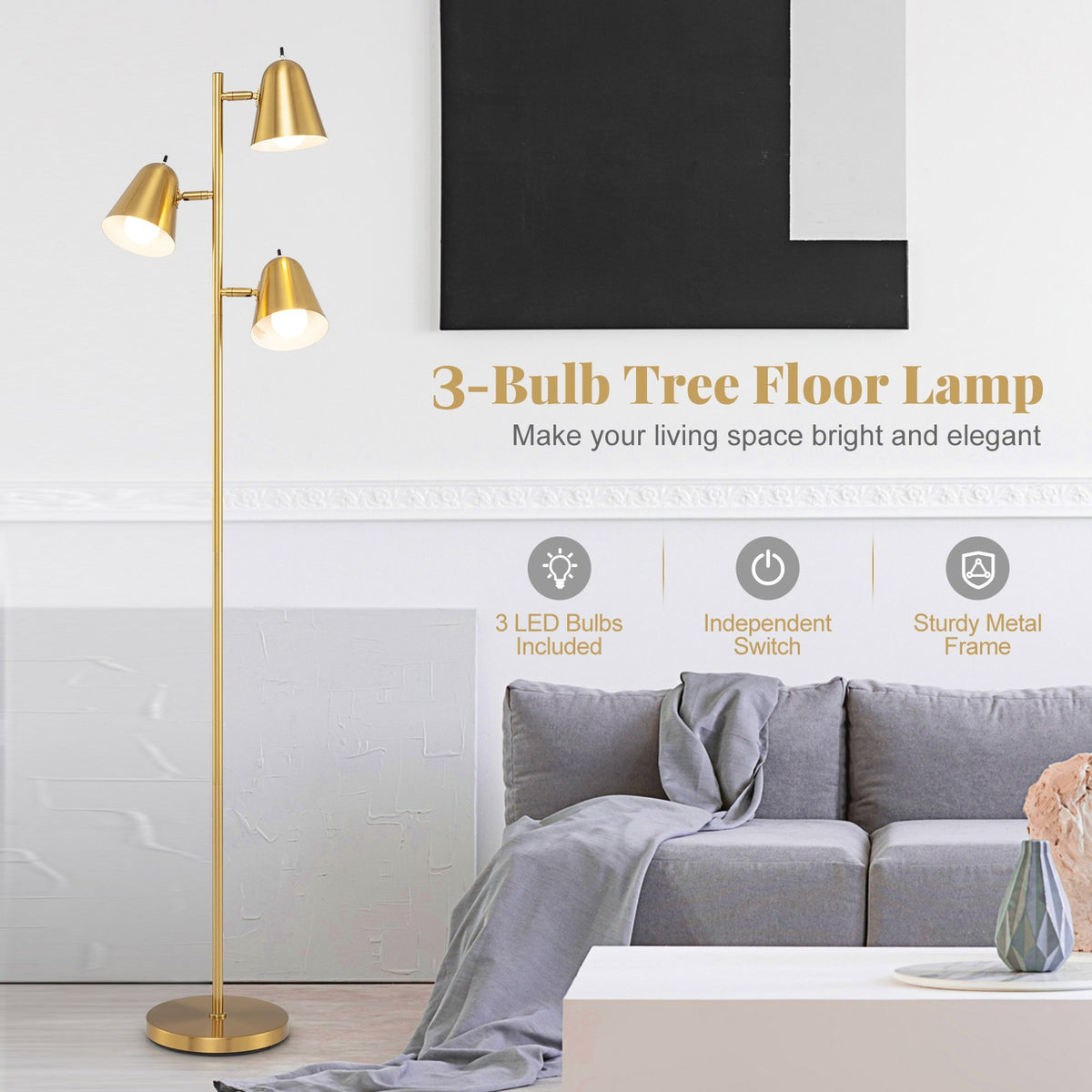 64 Inch 3-Light LED Floor Lamp Reading Light for Living Room Bedroom-Golden view 7