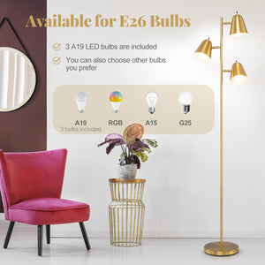 64 Inch 3-Light LED Floor Lamp Reading Light for Living Room Bedroom-Golden view 8