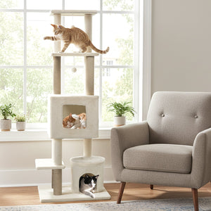 64 Inch Tall Cat Tree with 2 Large Condos and Jute Scratching Posts for Indoor Adult Cats-Beige view 2