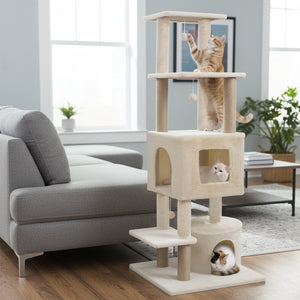 64 Inch Tall Cat Tree with 2 Large Condos and Jute Scratching Posts for Indoor Adult Cats-Beige view 3
