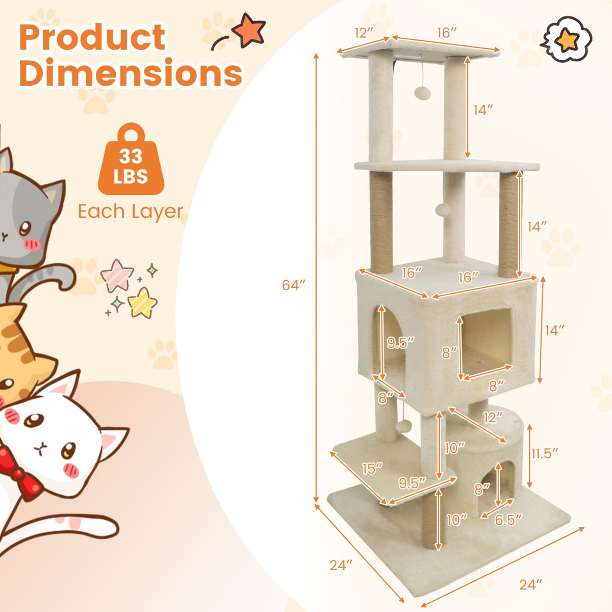 64 Inch Tall Cat Tree with 2 Large Condos and Jute Scratching Posts for Indoor Adult Cats-Beige view 5