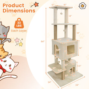64 Inch Tall Cat Tree with 2 Large Condos and Jute Scratching Posts for Indoor Adult Cats-Beige view 5