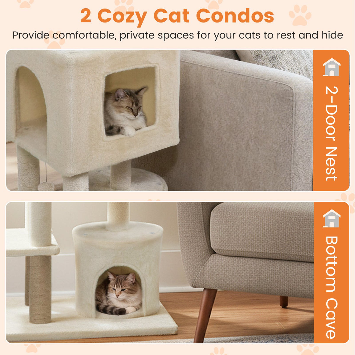 64 Inch Tall Cat Tree with 2 Large Condos and Jute Scratching Posts for Indoor Adult Cats-Beige view 6