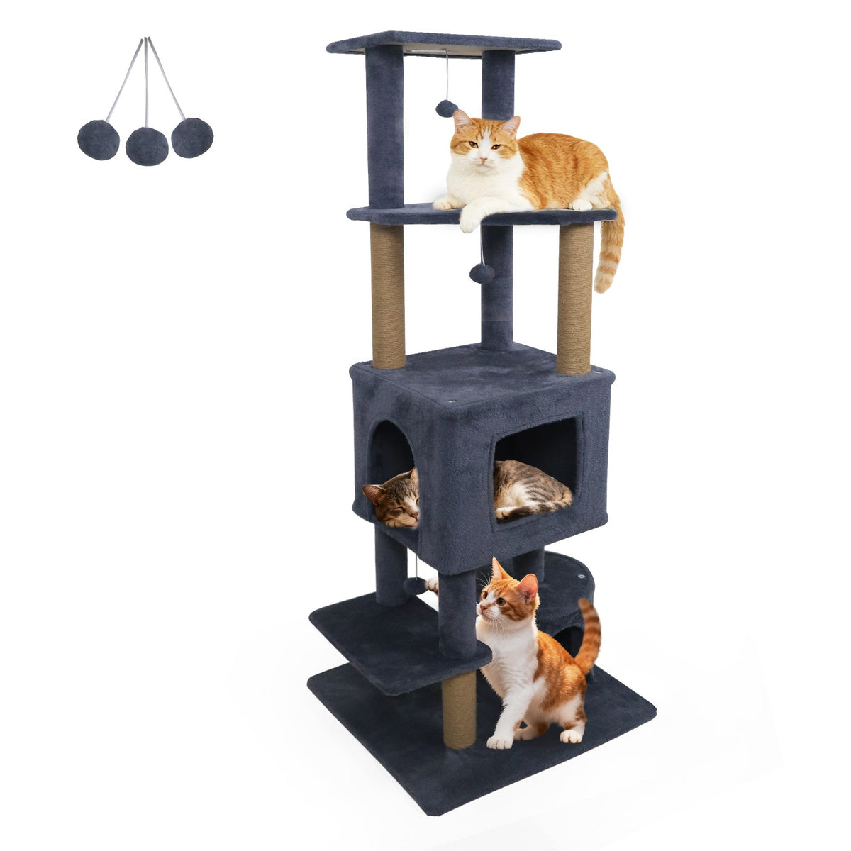 64 Inch Tall Cat Tree with 2 Large Condos and Jute Scratching Posts for Indoor Adult Cats-Dark Grey