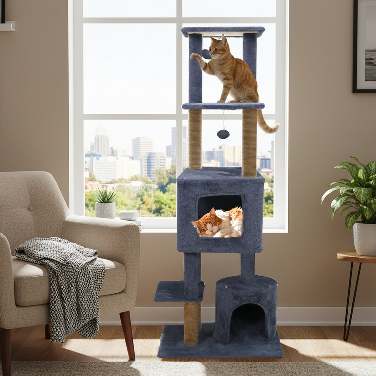 64 Inch Tall Cat Tree with 2 Large Condos and Jute Scratching Posts for Indoor Adult Cats-Dark Grey view 2