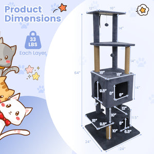 64 Inch Tall Cat Tree with 2 Large Condos and Jute Scratching Posts for Indoor Adult Cats-Dark Grey view 5