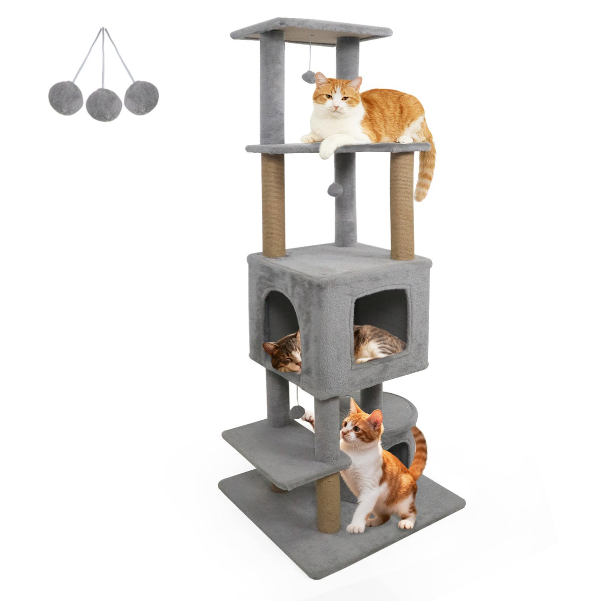 64 Inch Tall Cat Tree with 2 Large Condos and Jute Scratching Posts for Indoor Adult Cats-Light Grey