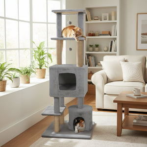 64 Inch Tall Cat Tree with 2 Large Condos and Jute Scratching Posts for Indoor Adult Cats-Light Grey view 2