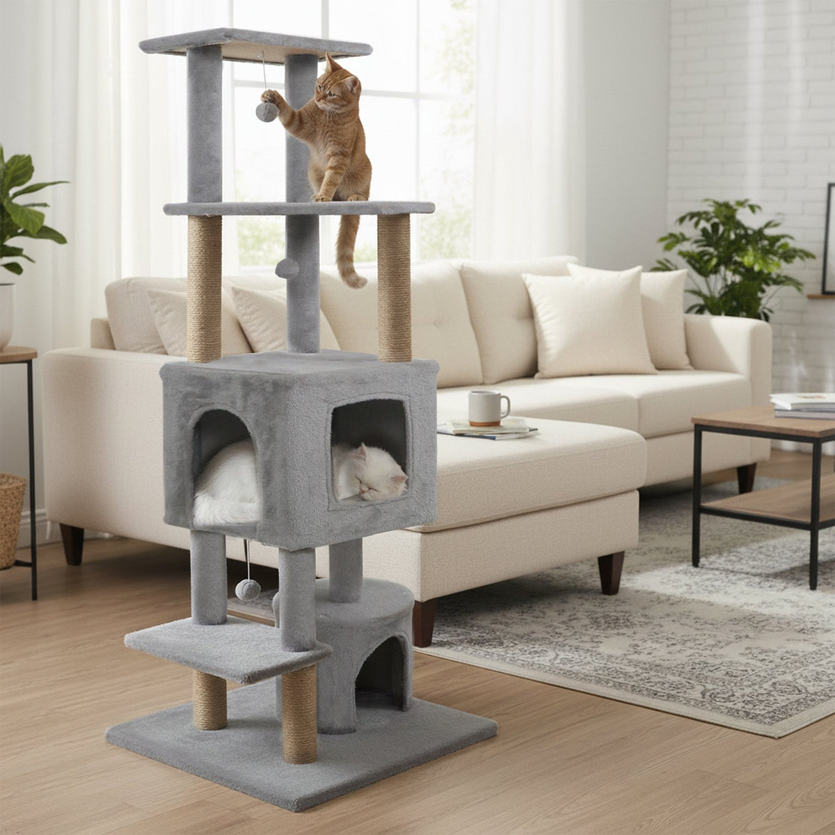 64 Inch Tall Cat Tree with 2 Large Condos and Jute Scratching Posts for Indoor Adult Cats-Light Grey view 3