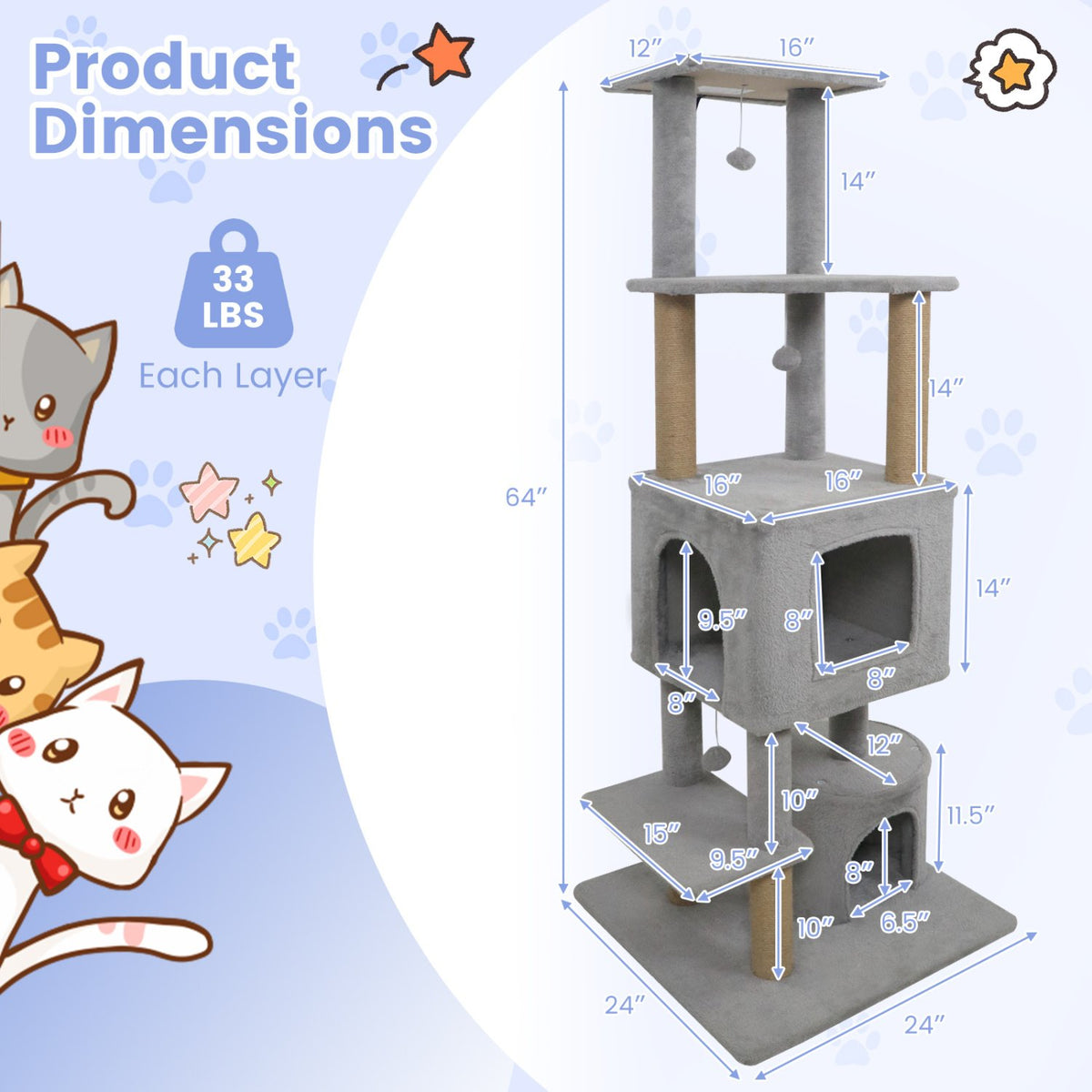 64 Inch Tall Cat Tree with 2 Large Condos and Jute Scratching Posts for Indoor Adult Cats-Light Grey view 5
