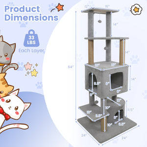 64 Inch Tall Cat Tree with 2 Large Condos and Jute Scratching Posts for Indoor Adult Cats-Light Grey view 5