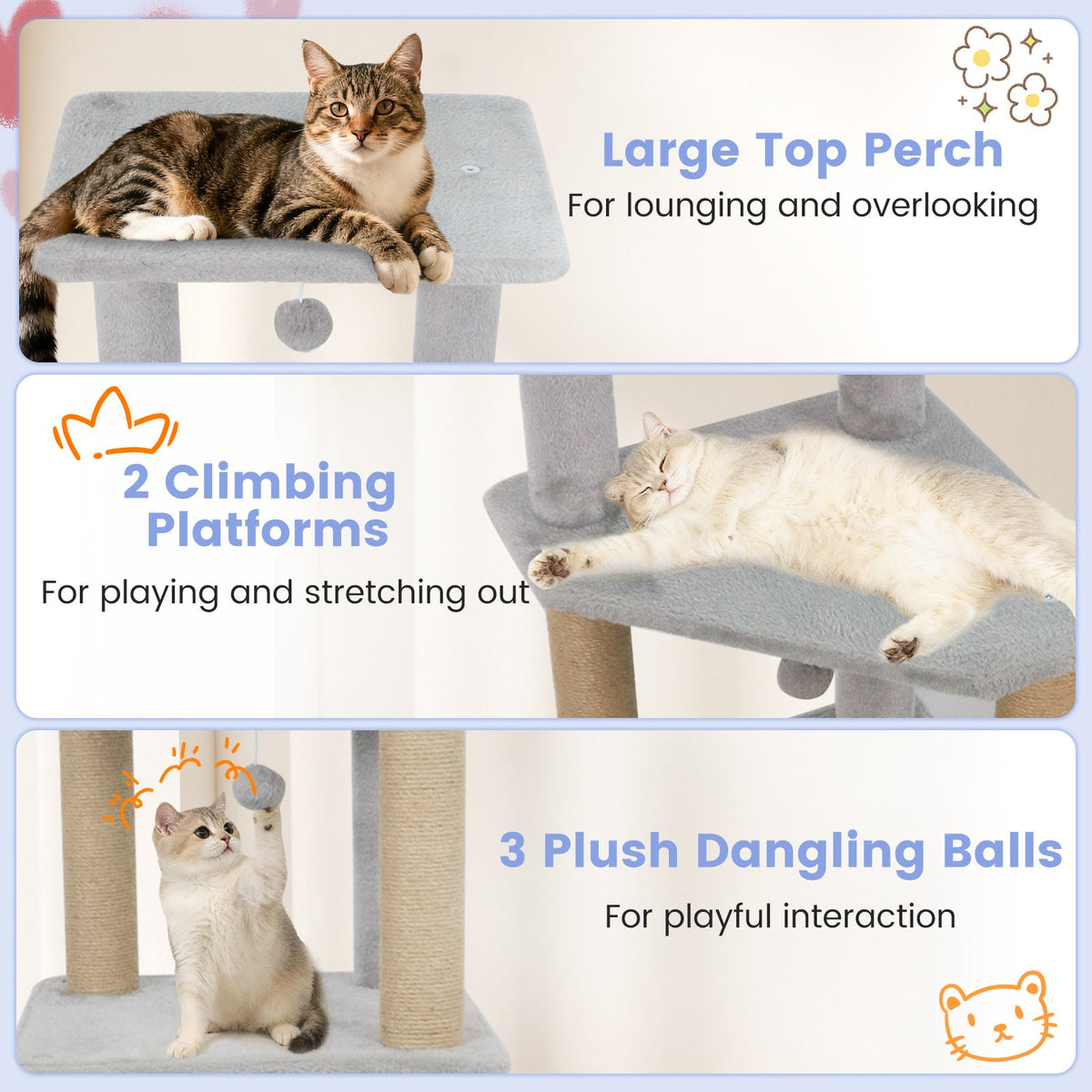 64 Inch Tall Cat Tree with 2 Large Condos and Jute Scratching Posts for Indoor Adult Cats-Light Grey view 7