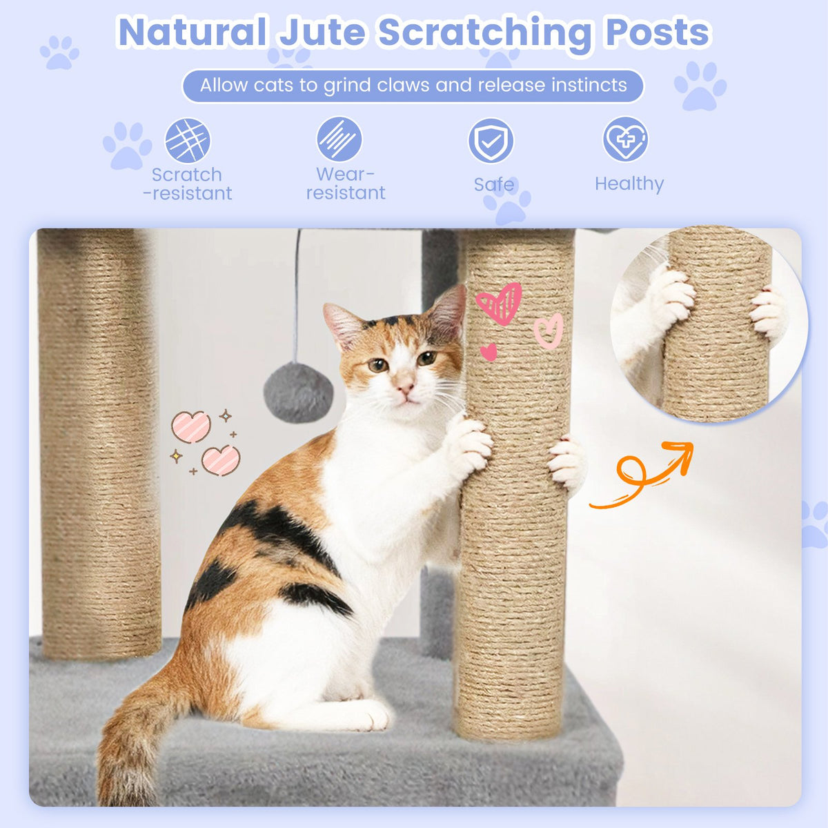 64 Inch Tall Cat Tree with 2 Large Condos and Jute Scratching Posts for Indoor Adult Cats-Light Grey view 8