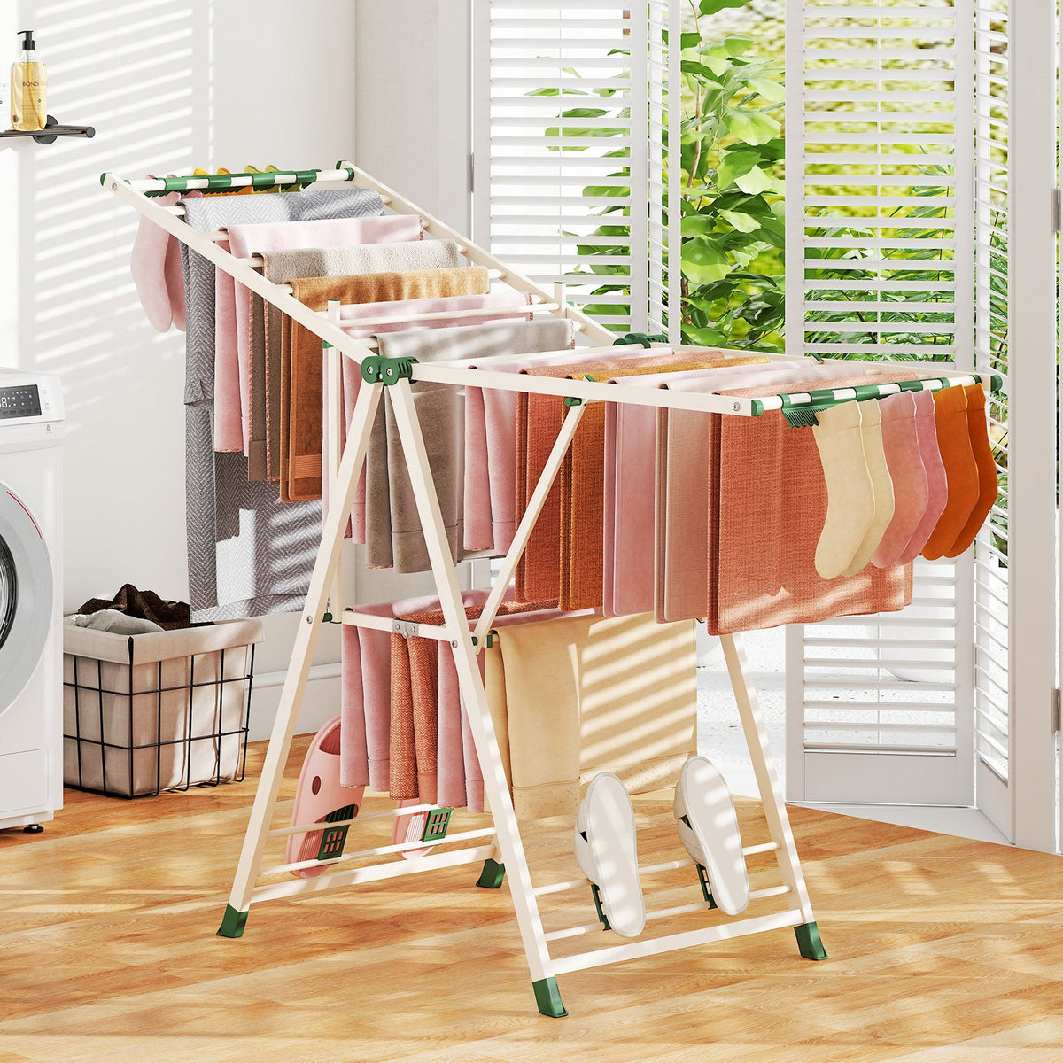 64 Inches Clothes Drying Rack with Height Adjustable Wings-Beige view 2