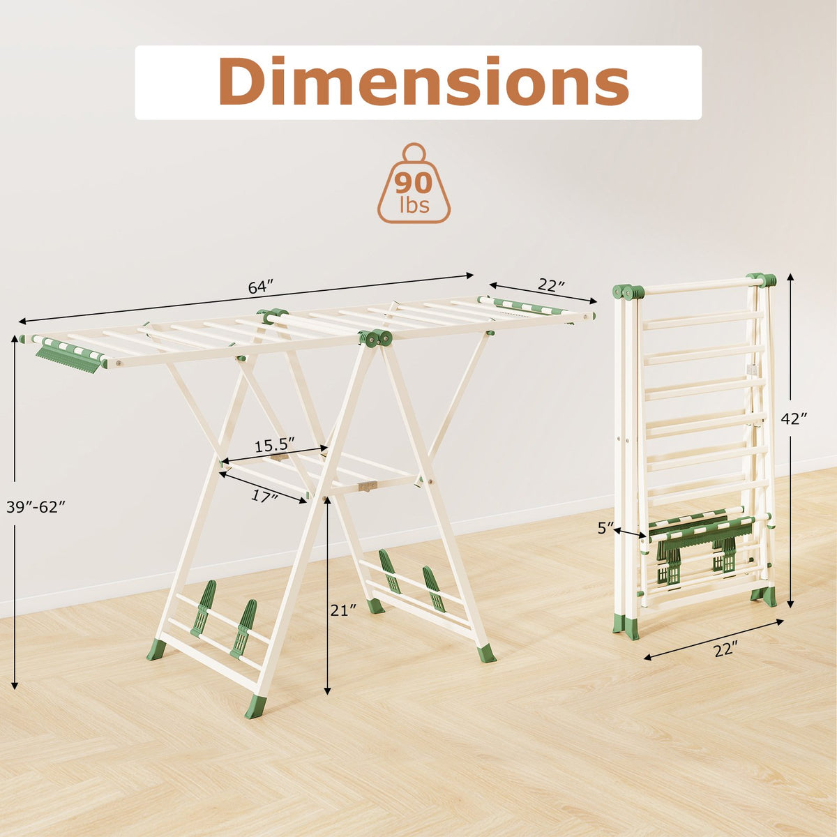 64 Inches Clothes Drying Rack with Height Adjustable Wings-Beige view 5
