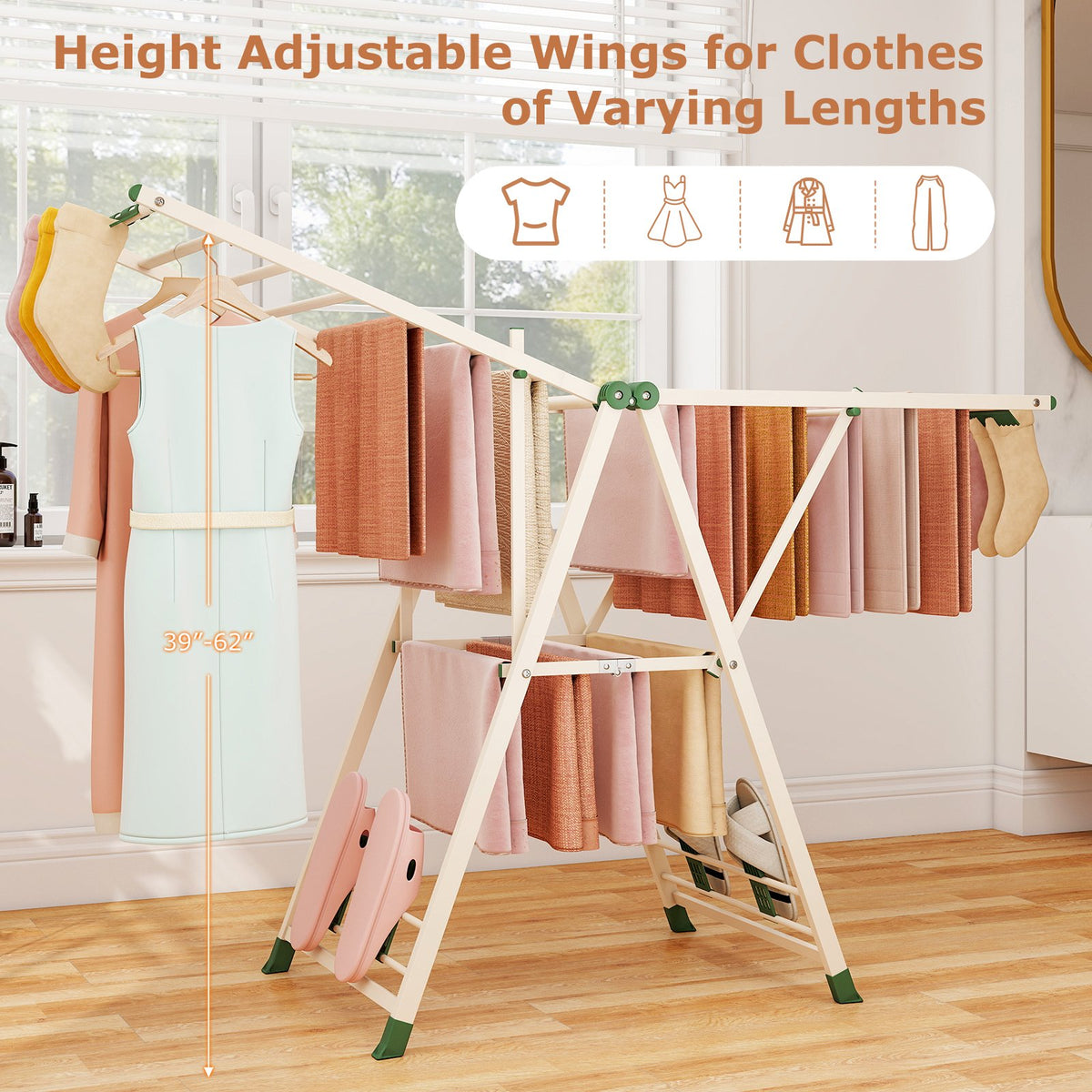 64 Inches Clothes Drying Rack with Height Adjustable Wings-Beige view 6