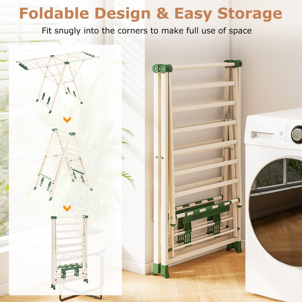64 Inches Clothes Drying Rack with Height Adjustable Wings-Beige view 9