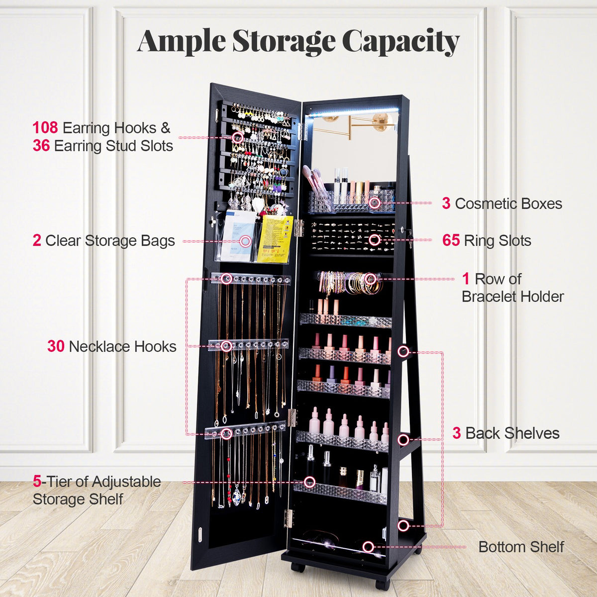 64 Inches Lockable Jewelry Cabinet Armoire with Built-in Makeup Mirror-Black view 6