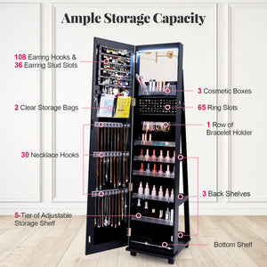 64 Inches Lockable Jewelry Cabinet Armoire with Built-in Makeup Mirror-Black view 6