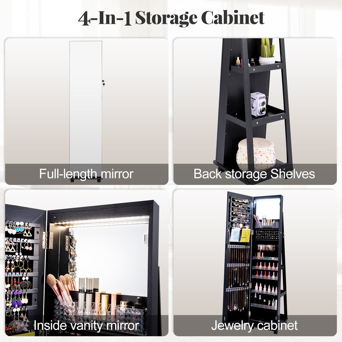 64 Inches Lockable Jewelry Cabinet Armoire with Built-in Makeup Mirror-Black view 9