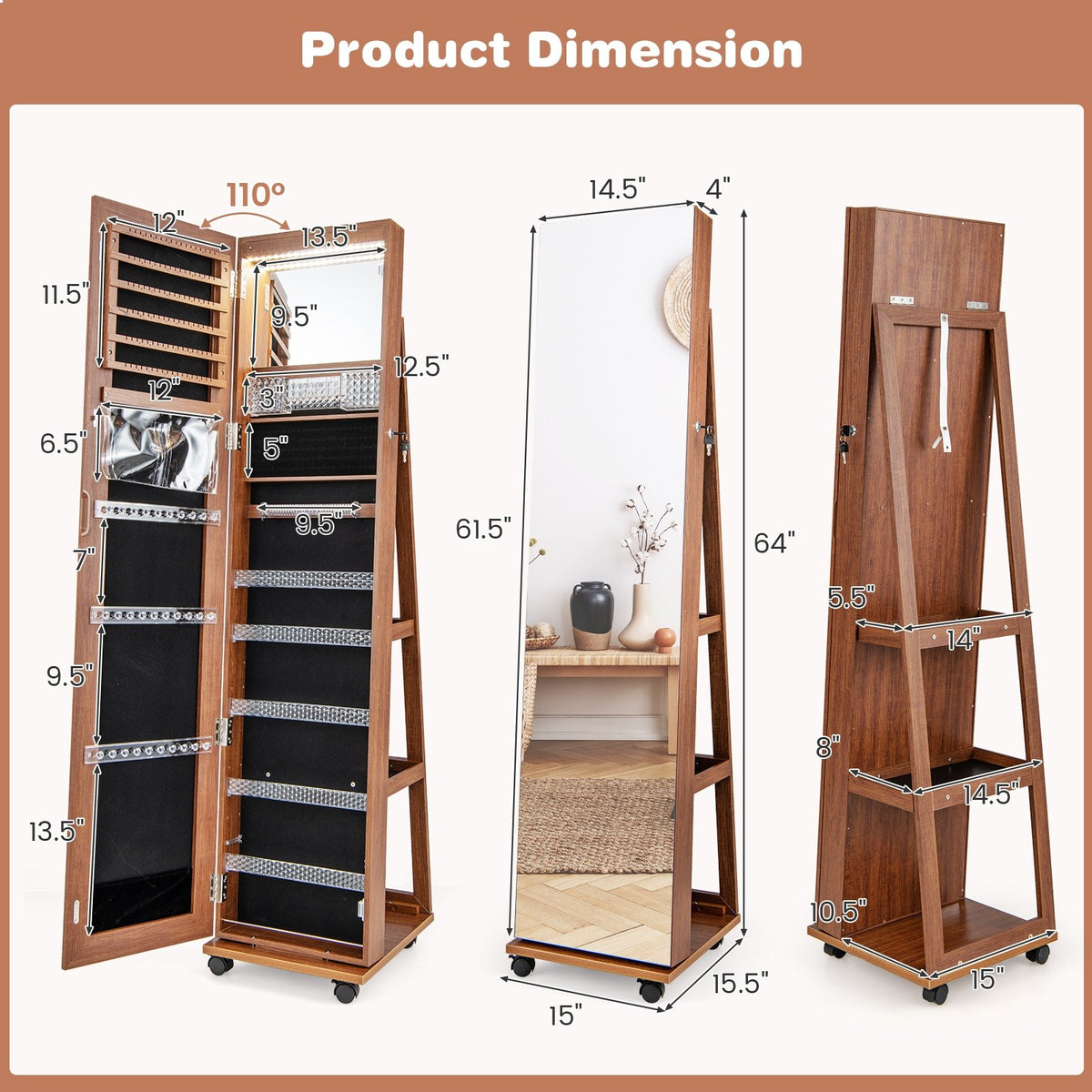 64 Inches Lockable Jewelry Cabinet Armoire with Built-in Makeup Mirror-Brown view 5