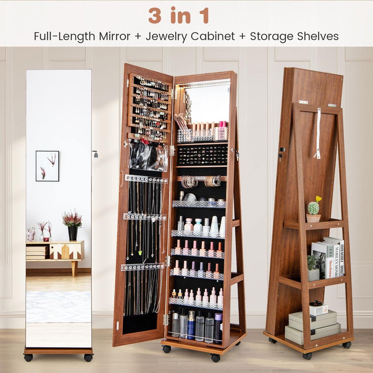 64 Inches Lockable Jewelry Cabinet Armoire with Built-in Makeup Mirror-Brown view 7