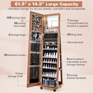 64 Inches Lockable Jewelry Cabinet Armoire with Built-in Makeup Mirror-Brown view 8