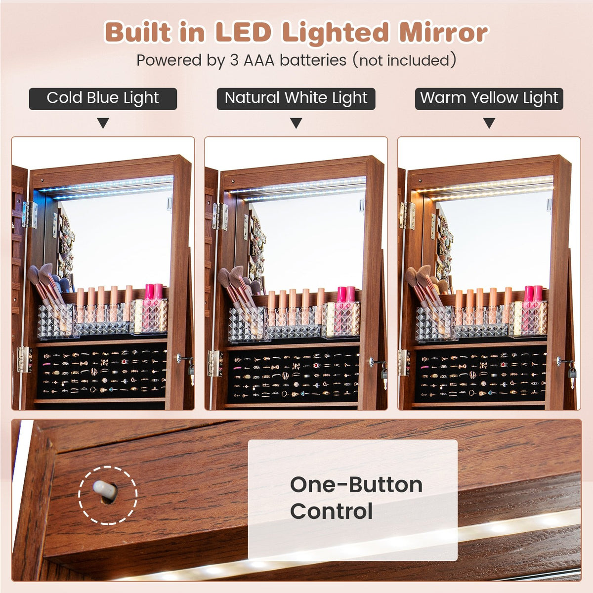 64 Inches Lockable Jewelry Cabinet Armoire with Built-in Makeup Mirror-Brown view 9