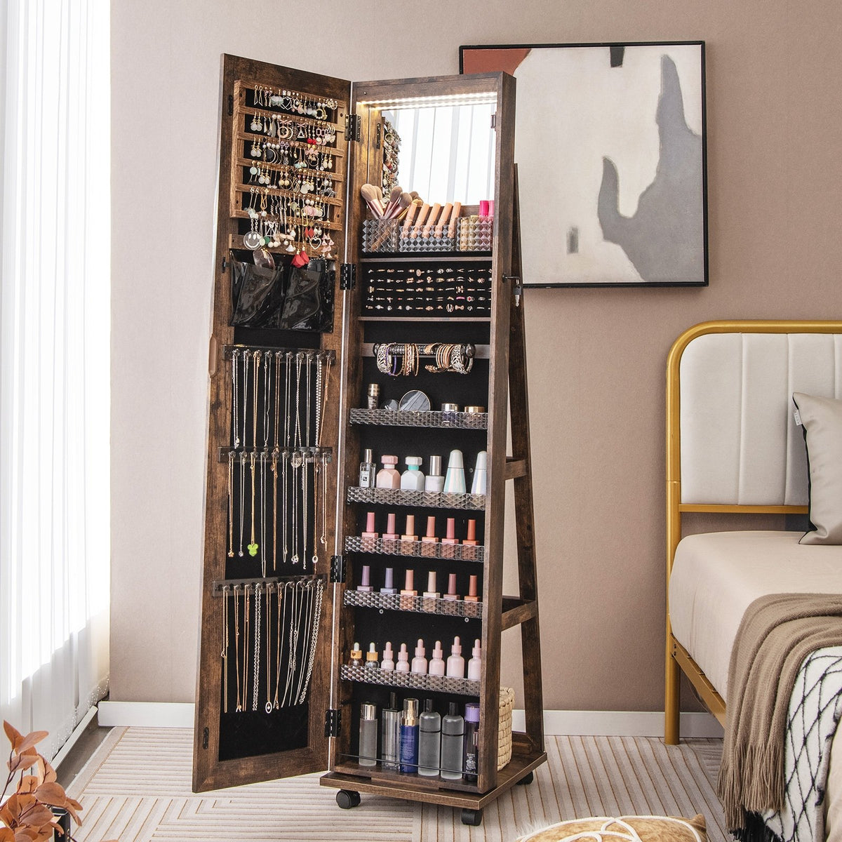 64 Inches Lockable Jewelry Cabinet Armoire with Built-in Makeup Mirror-Coffee view 3