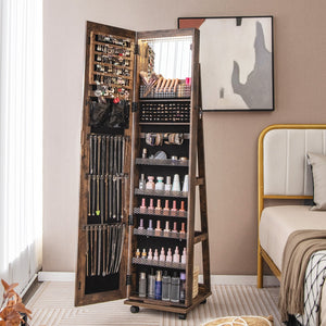 64 Inches Lockable Jewelry Cabinet Armoire with Built-in Makeup Mirror-Coffee view 3