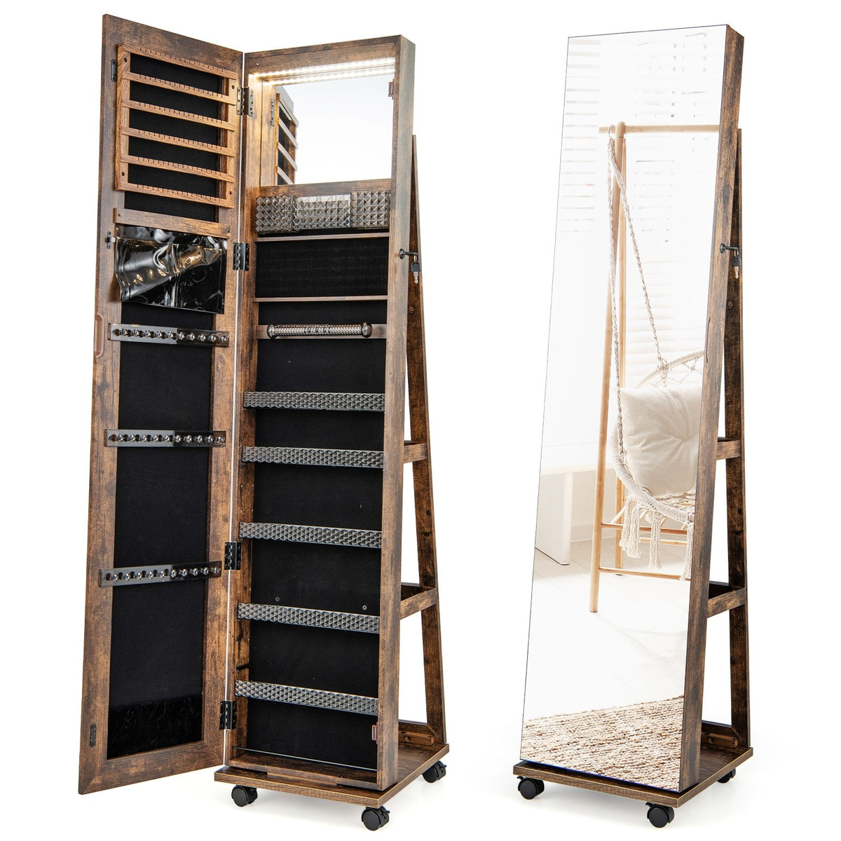 64 Inches Lockable Jewelry Cabinet Armoire with Built-in Makeup Mirror-Coffee view 4