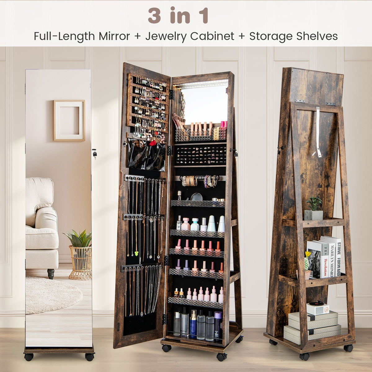 64 Inches Lockable Jewelry Cabinet Armoire with Built-in Makeup Mirror-Coffee view 5
