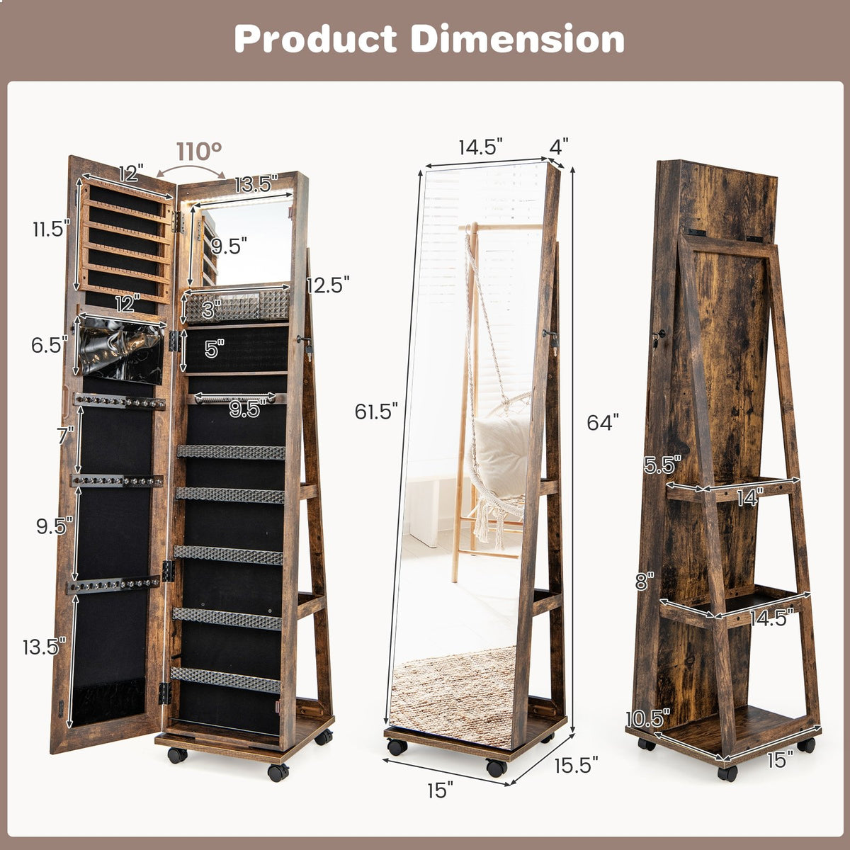 64 Inches Lockable Jewelry Cabinet Armoire with Built-in Makeup Mirror-Coffee view 6