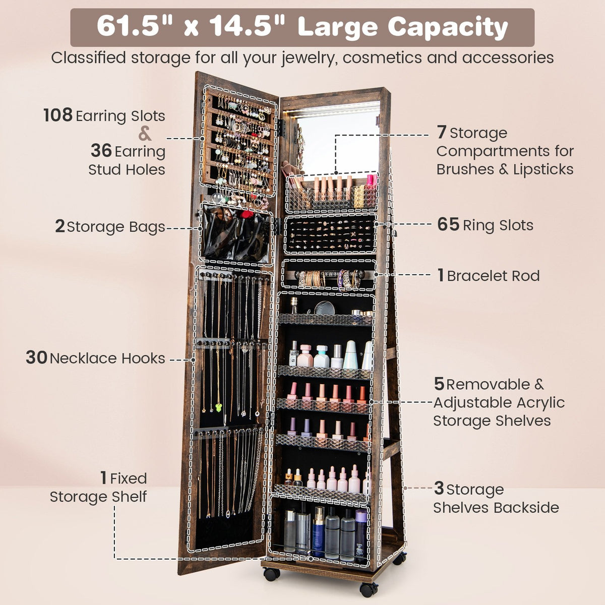 64 Inches Lockable Jewelry Cabinet Armoire with Built-in Makeup Mirror-Coffee view 7
