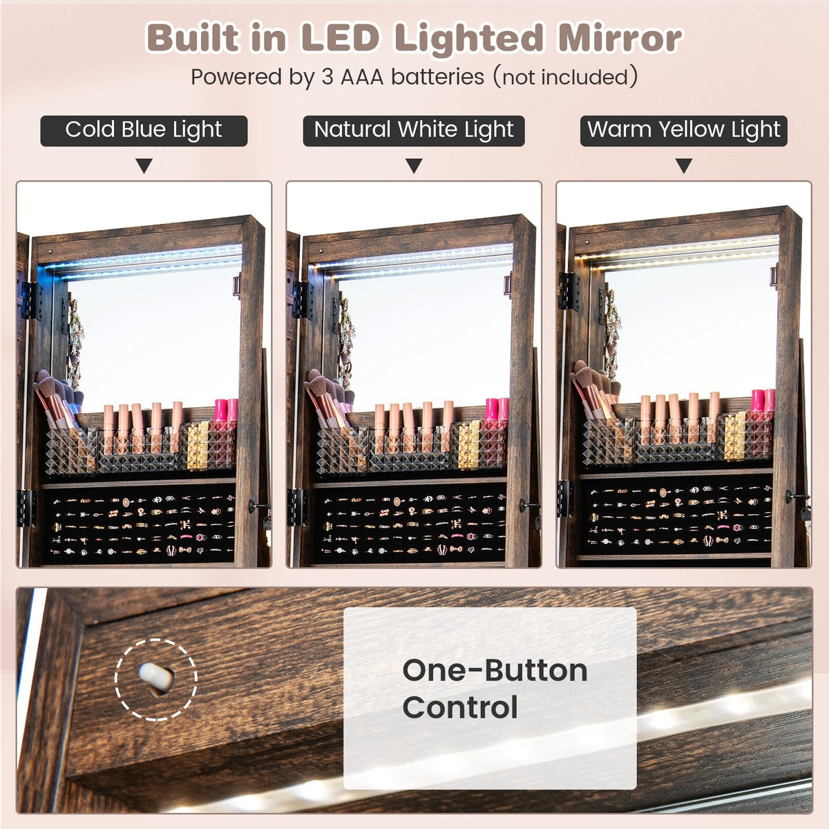 64 Inches Lockable Jewelry Cabinet Armoire with Built-in Makeup Mirror-Coffee view 8