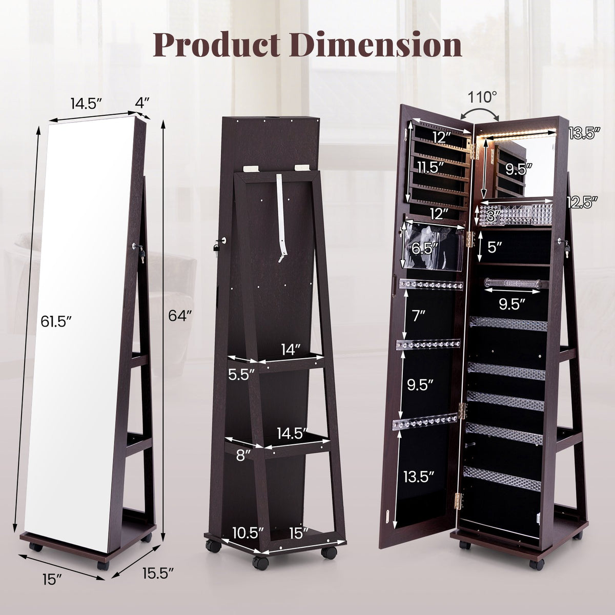 64 Inches Lockable Jewelry Cabinet Armoire with Built-in Makeup Mirror-Purple view 5