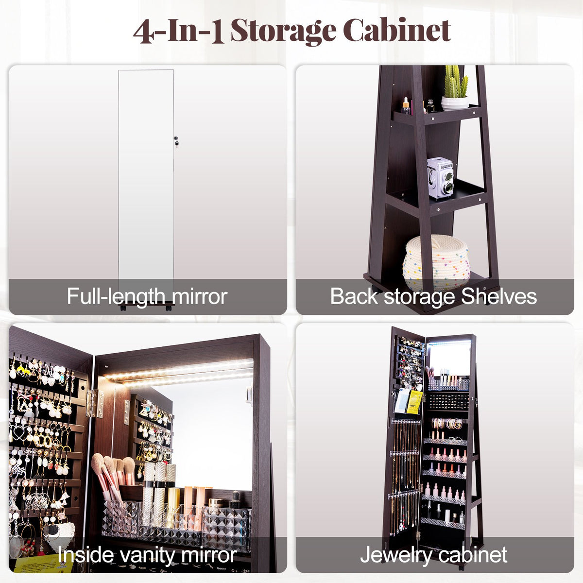 64 Inches Lockable Jewelry Cabinet Armoire with Built-in Makeup Mirror-Purple view 9