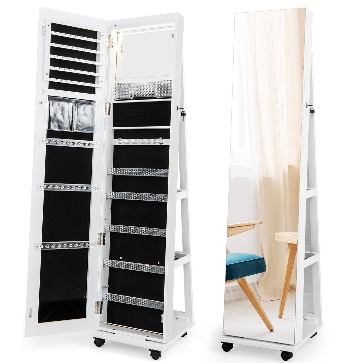 64 Inches Lockable Jewelry Cabinet Armoire with Built-in Makeup Mirror-White view 4