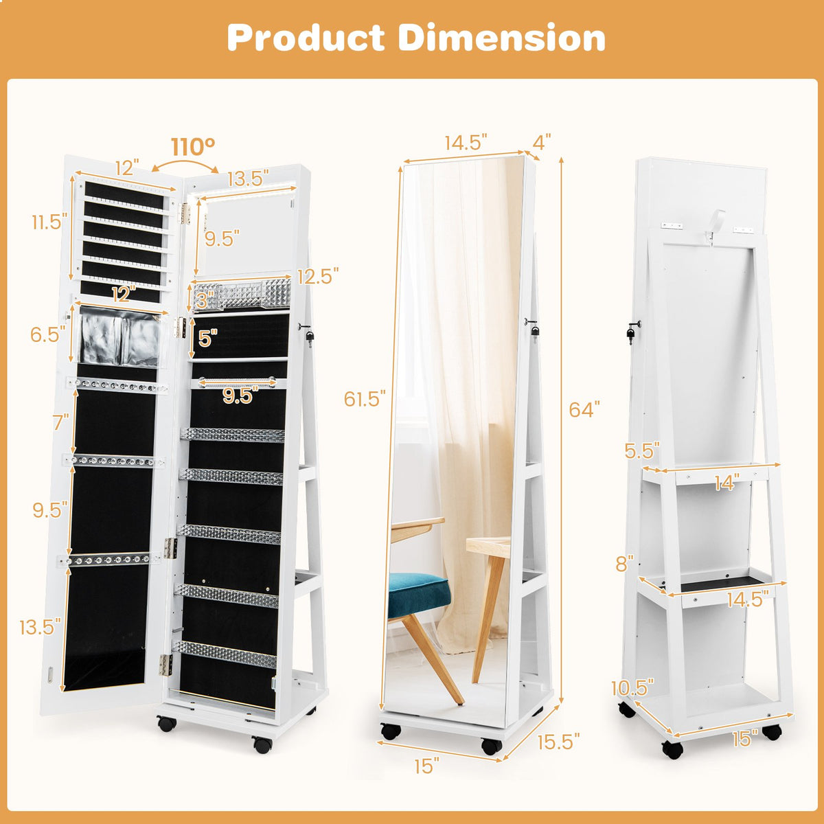 64 Inches Lockable Jewelry Cabinet Armoire with Built-in Makeup Mirror-White view 5