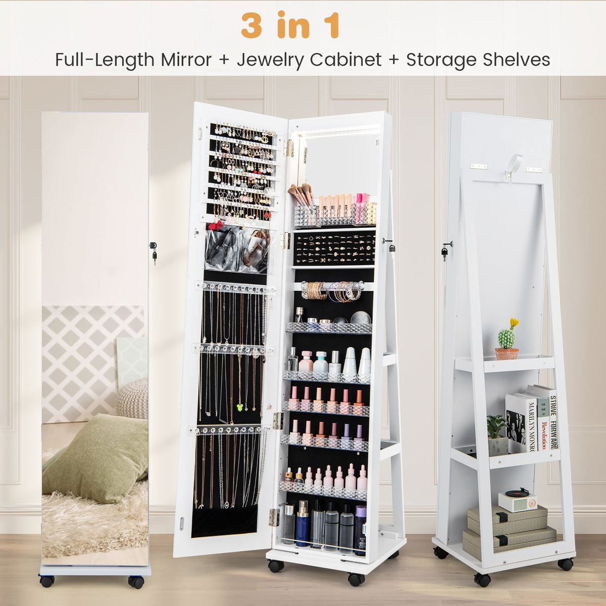 64 Inches Lockable Jewelry Cabinet Armoire with Built-in Makeup Mirror-White view 6