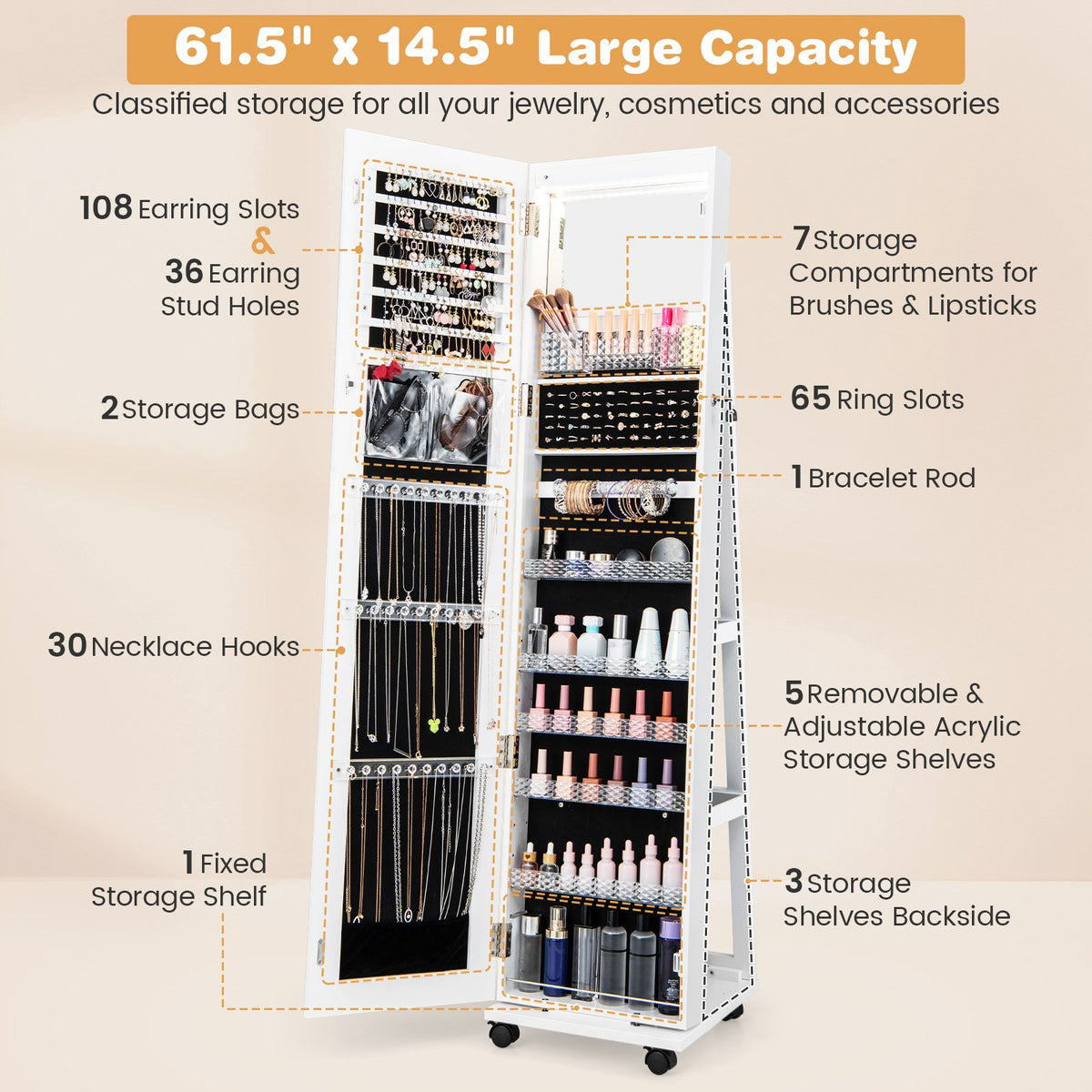 64 Inches Lockable Jewelry Cabinet Armoire with Built-in Makeup Mirror-White view 7