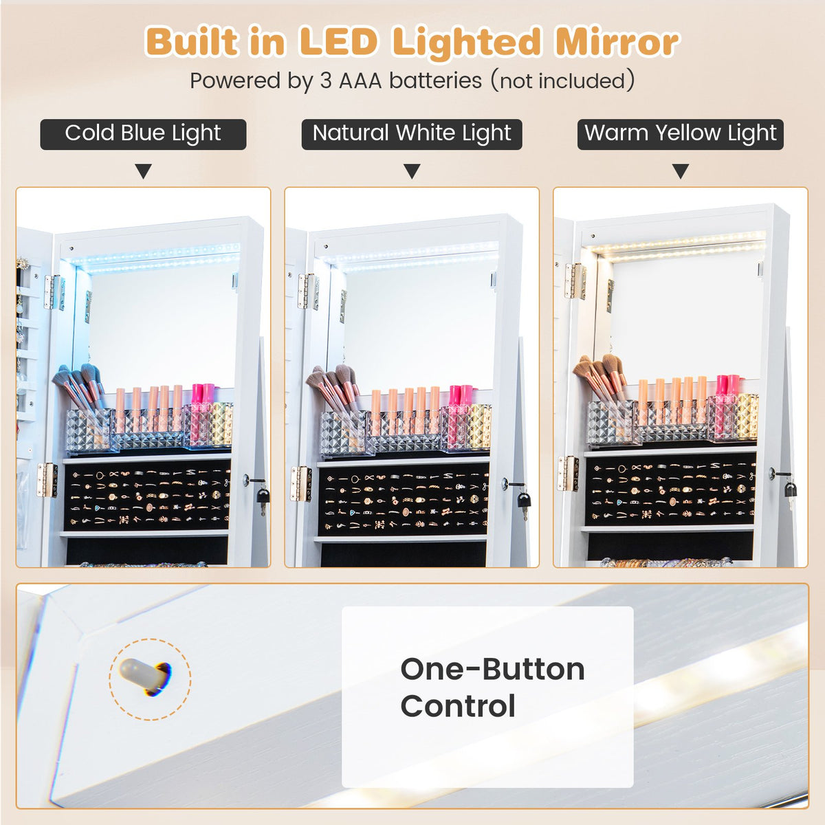 64 Inches Lockable Jewelry Cabinet Armoire with Built-in Makeup Mirror-White view 8