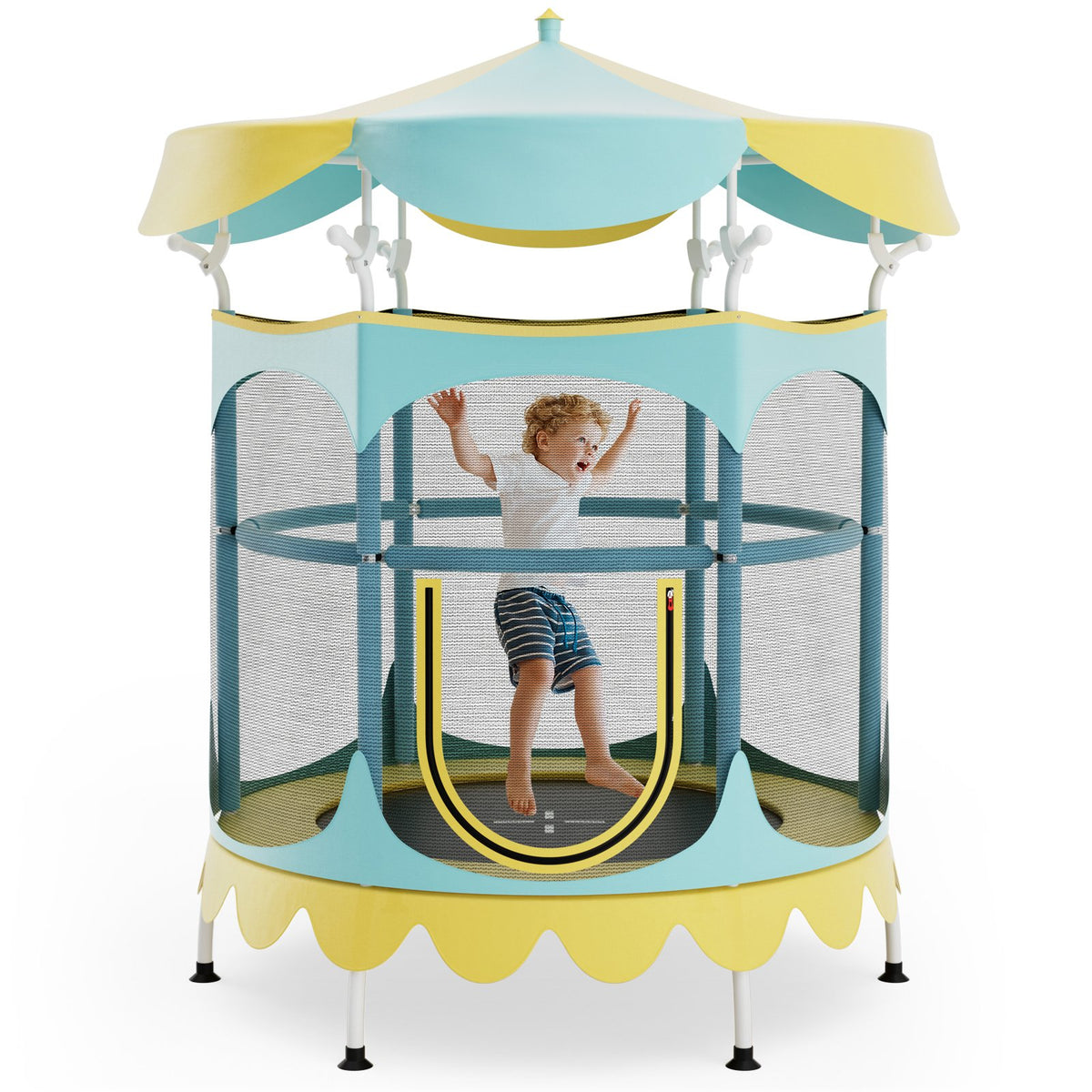 64 Inch Kids Trampoline with Detachable Canopy and Safety Enclosure Net-Yellow view 3