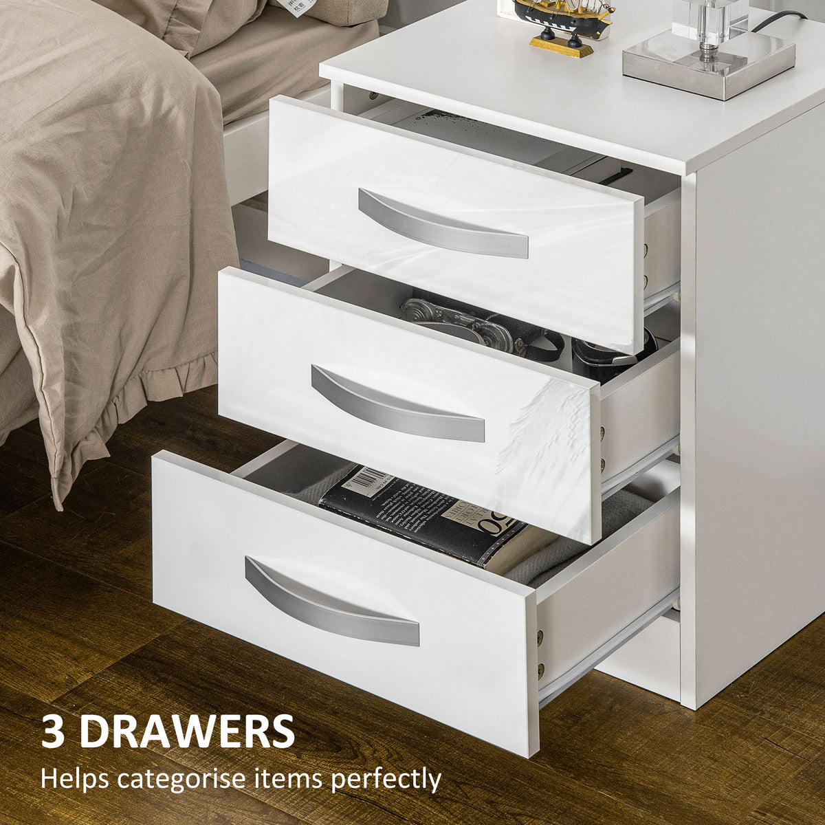 Bedside Table Set of 2, Modern Nightstand with Drawers and High Gloss Fronts, Night Table for Bedroom, Black – view 12
