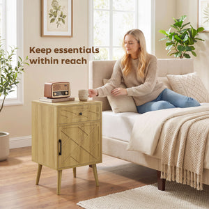 Nightstand Set of 2, Bedside Table Set with Drawer and Cabinet, Side End Table with Storage for Living Room, Oak