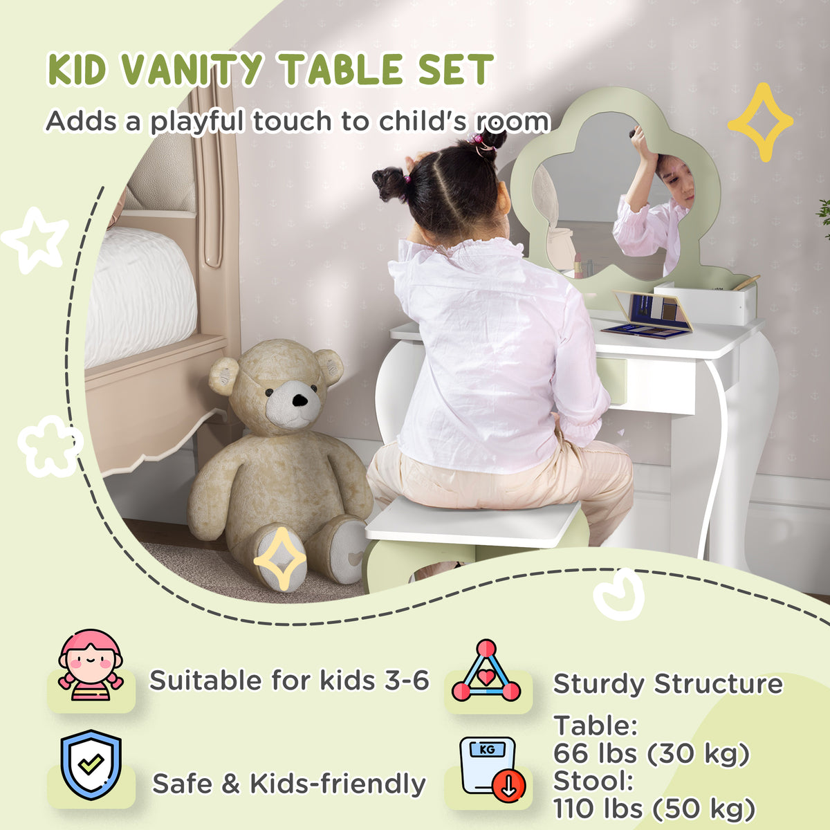 Qaba Kids Makeup Vanity Set with Stool, Mirror, Drawer, Storage Boxes, White