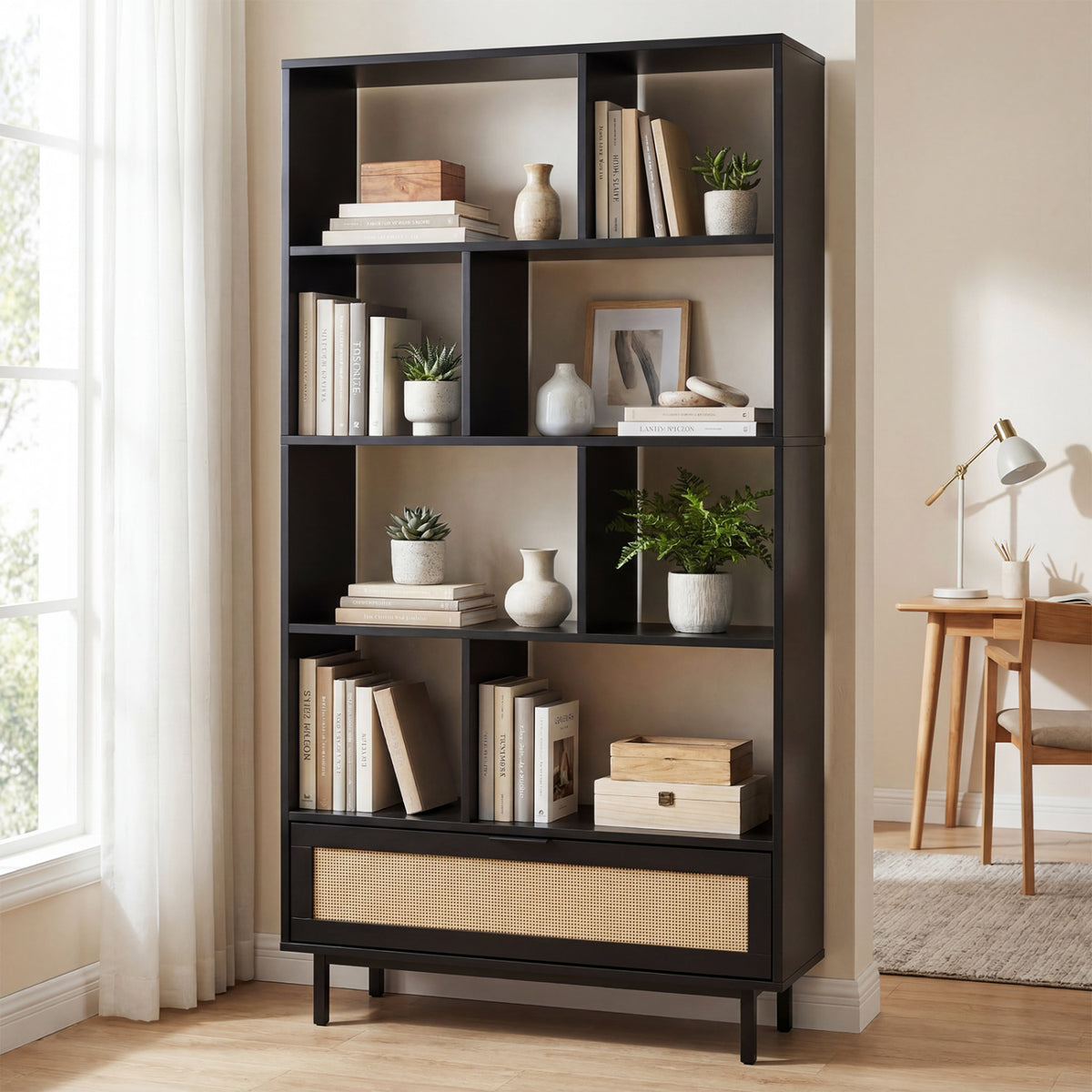 64 inch 6-Tier Tall Wooden Bookcase with 8 Open Cubes-Black view 3