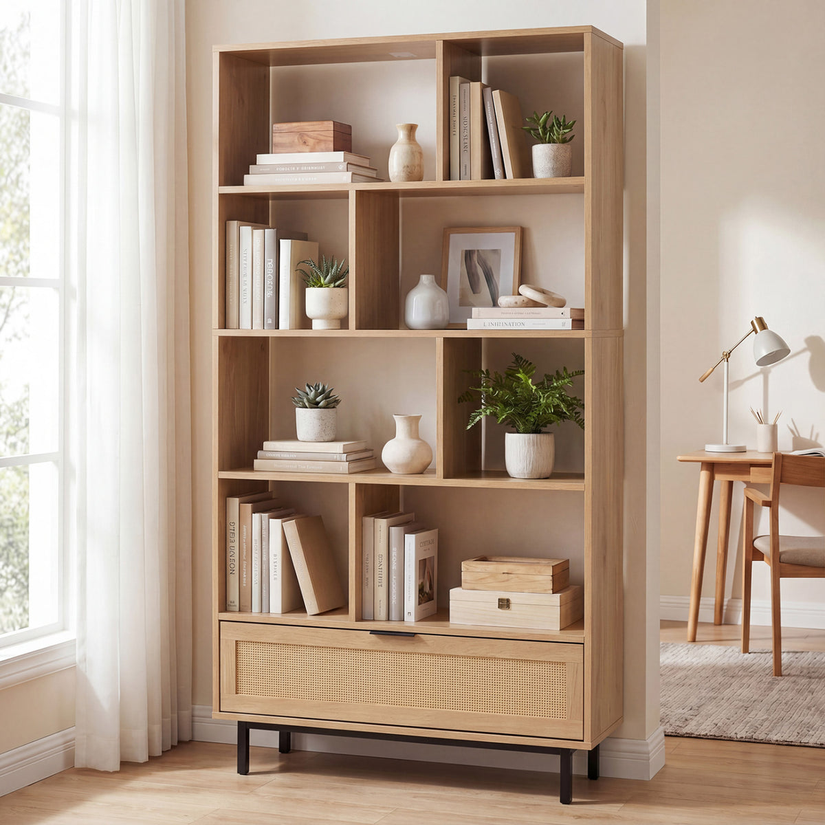 64 inch 6-Tier Tall Wooden Bookcase with 8 Open Cubes-Natural view 3